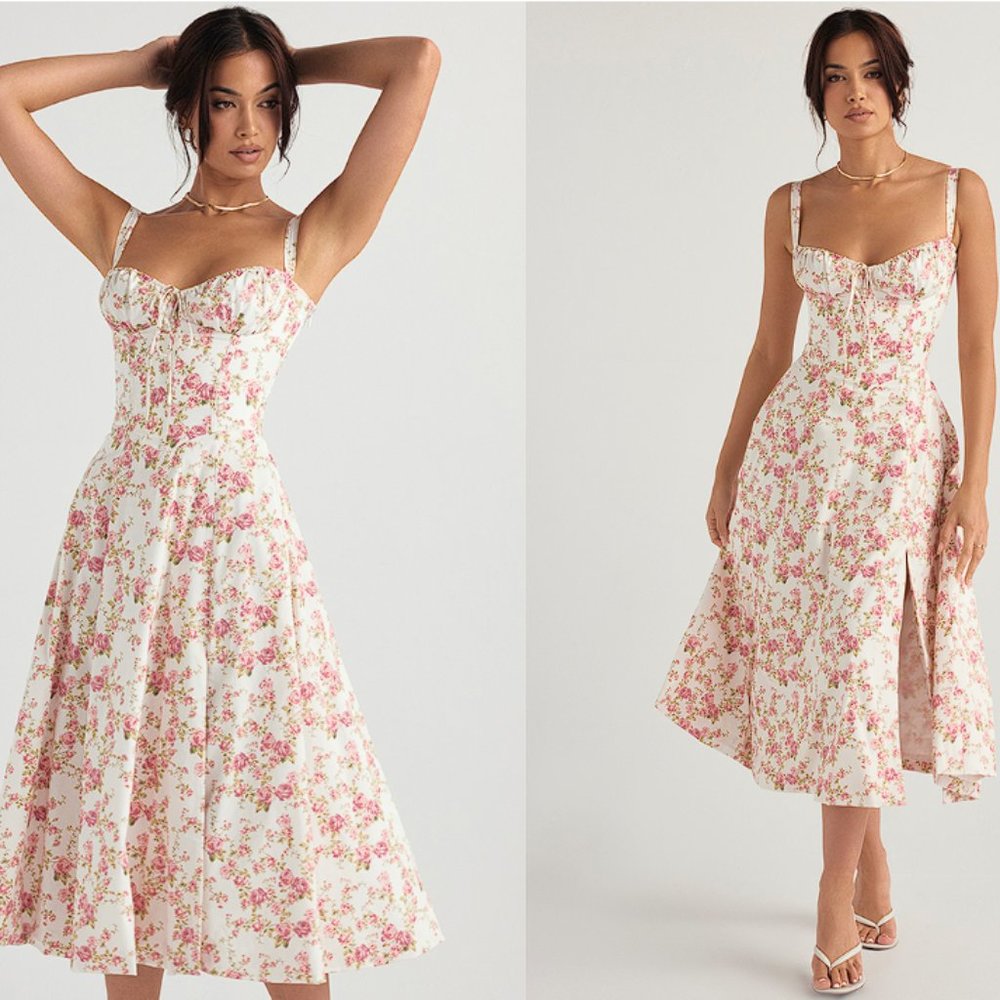 HOUSE OF CB 'Carmen' Rose Print Bustier Sundress NWT